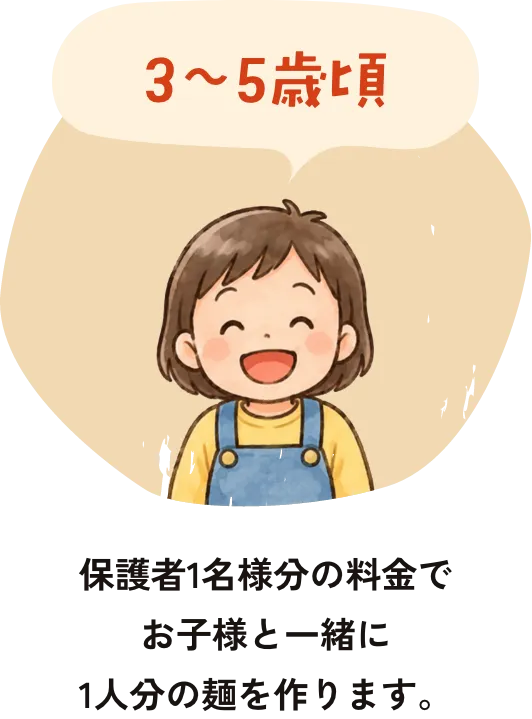 3〜5歳頃　保護者1名様分の料金でお子様と一緒に1人分の麺を作ります。