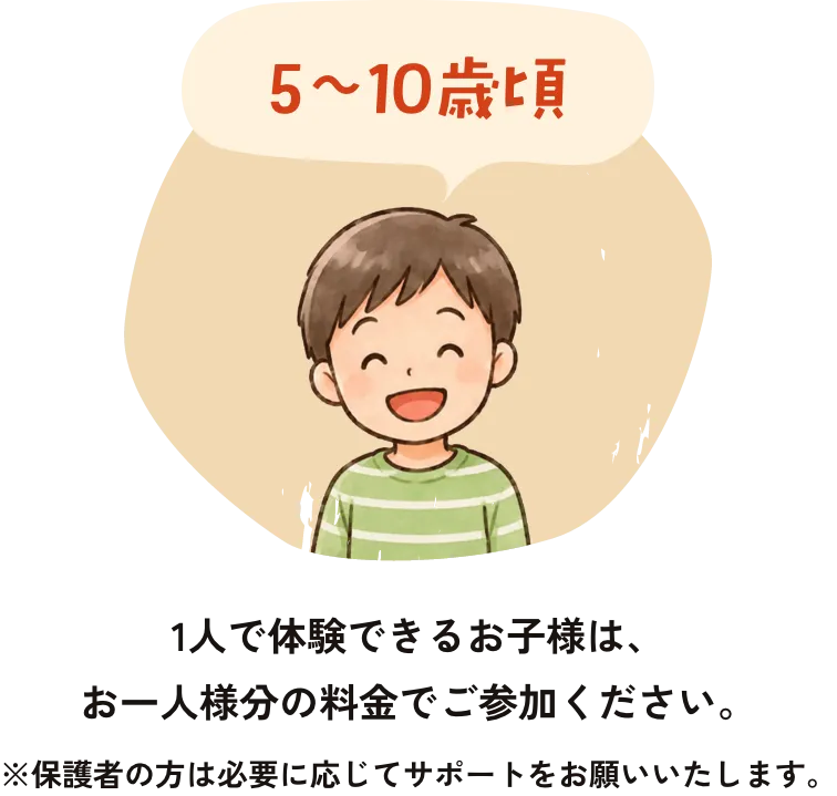 5〜10歳頃　1人で体験できるお子様は、お一人様分の料金でご参加ください。※保護者の方は必要に応じてサポートをお願いいたします。